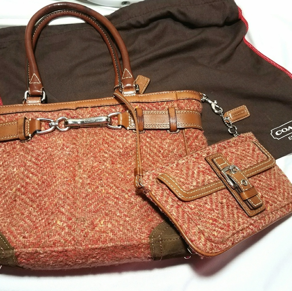 Coach wool tweed herringbone bag and wallet